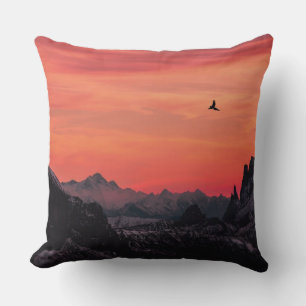 Mountains Orange Sunset Bird in Sky Throw Pillow