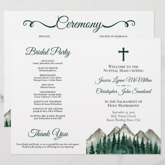 Mountains & Pine DIY Fold Catholic Wedding Program (Front/Back)