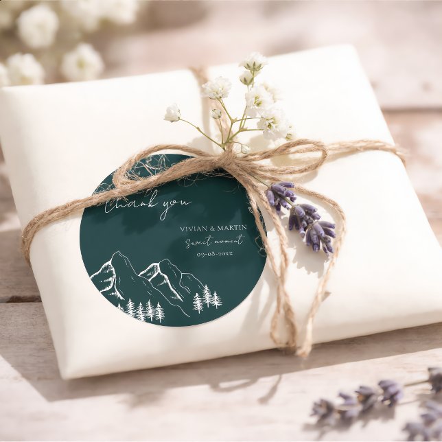 Mountains Pine Tree Emerald Green Thank You Classic Round Sticker (Creator Uploaded)