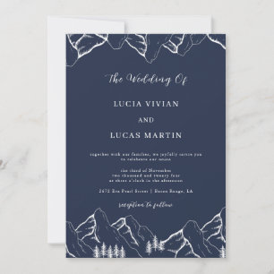 Mountains Pine Tree Navy Blue QR Code Wedding Invitation
