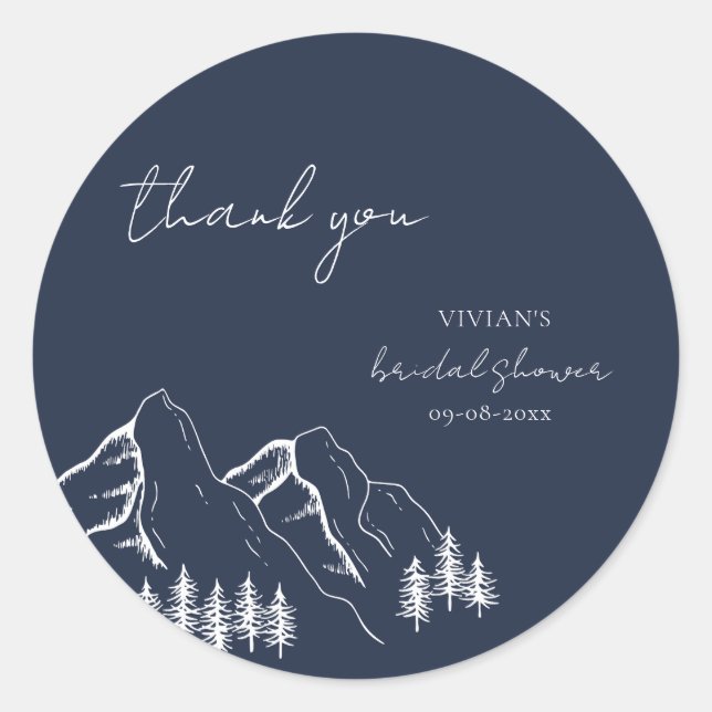 Mountains Pine Tree Navy Blue Thank You Classic Round Sticker (Front)