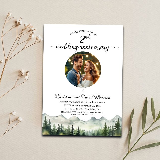 Mountains Pine Trees 2nd Wedding Anniversary Photo Invitation (Creator Uploaded)