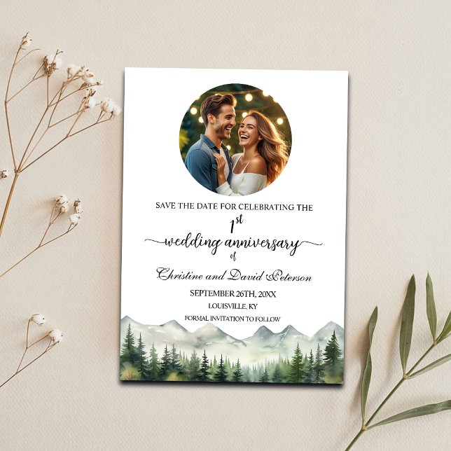 Mountains Pines 1st Wedding Anniversary Photo Save The Date (Creator Uploaded)