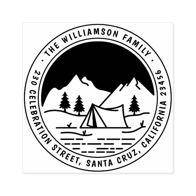 Mountains & Pines Round Camping Return Address Rubber Stamp (Imprint)