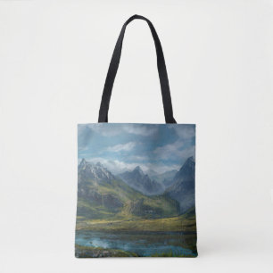 Mountains river grass pasture tote bag