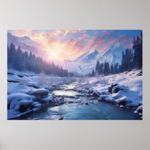Mountains River Serene Landscape Art Poster