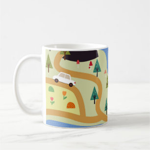 Mountains, rivers, forest, car pattern. coffee mug
