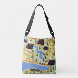 Mountains, rivers, forest, car pattern. crossbody bag