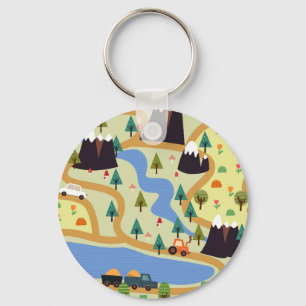 Mountains, rivers, forest, car pattern. keychain