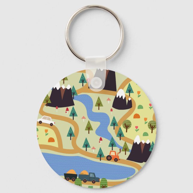 Mountains, rivers, forest, car pattern. keychain (Front)