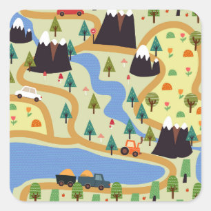 Mountains, rivers, forest, car pattern. square sticker