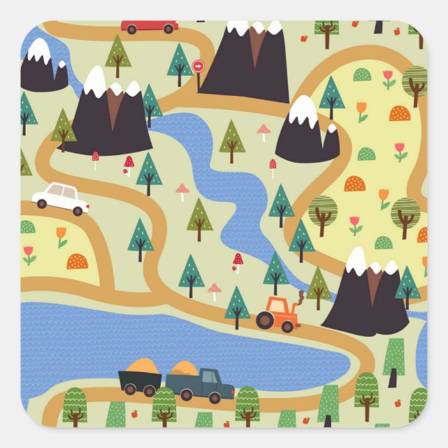 Mountains, rivers, forest, car pattern. square sticker (Front)