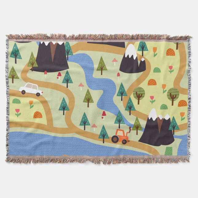 Mountains, rivers, forest, car pattern. throw blanket (Front)