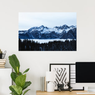 Mountains, spruce forest and clouds poster