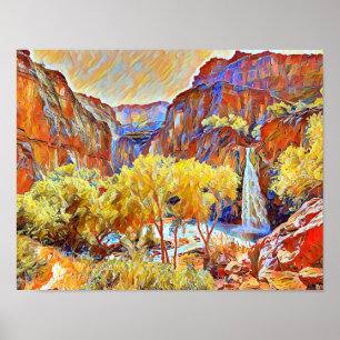 Mountains Trees Waterfall Abstract oil painting Poster