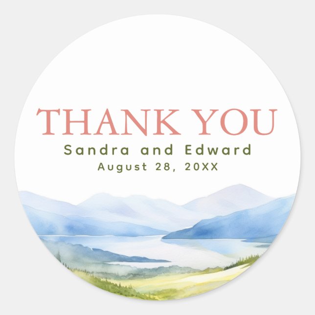 Mountains Watercolor Thank You Classic Round Sticker (Front)