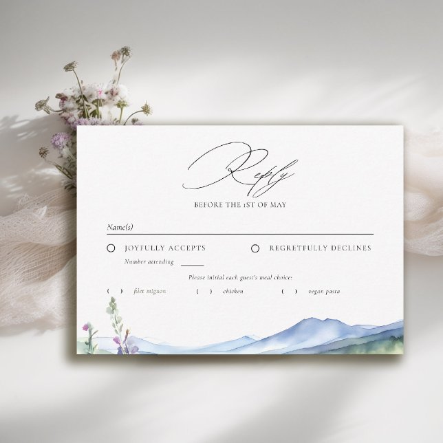 Mountains Wildflowers Meadow Modern Wedding Meal RSVP Card (mountain wedding rsvp reply respond wildflowers meadow floral watercolor modern calligraphy)