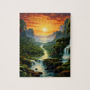 Mountains with waterfalls and glowing sun jigsaw  puzzle