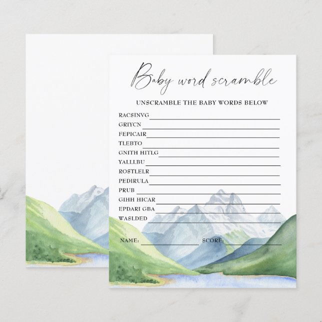 Mountains - word scramble baby shower game (Front/Back)