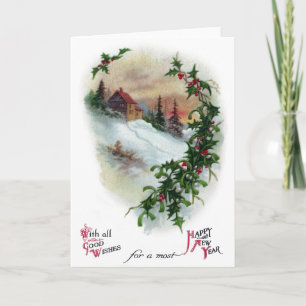 Mountainside in Winter Vintage New Year Holiday Card