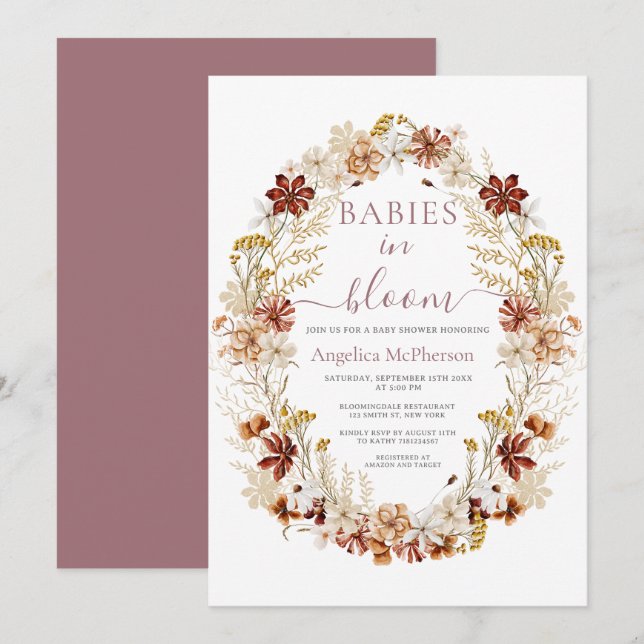 Mountbatten Pink Wild Flowers Wreath Twin Babies Invitation (Front/Back)
