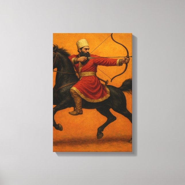 Mounted Archer in Red Robe on Black Warhorse Canvas Print (Front)