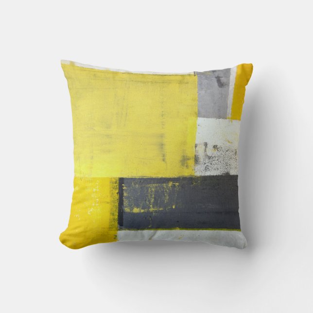 'Mounted' Grey and Yellow Abstract Art Throw Pillow (Front)