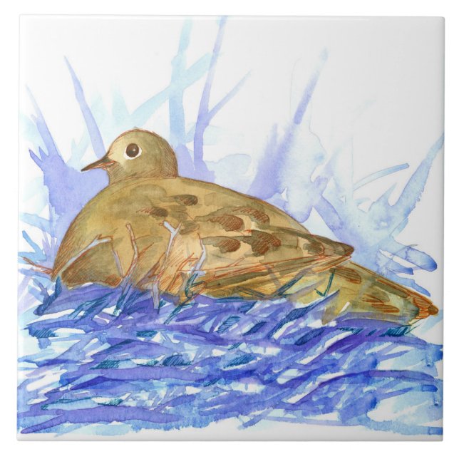 Mourning Dove Bird In A Nest Watercolor Wildlife Tile (Front)