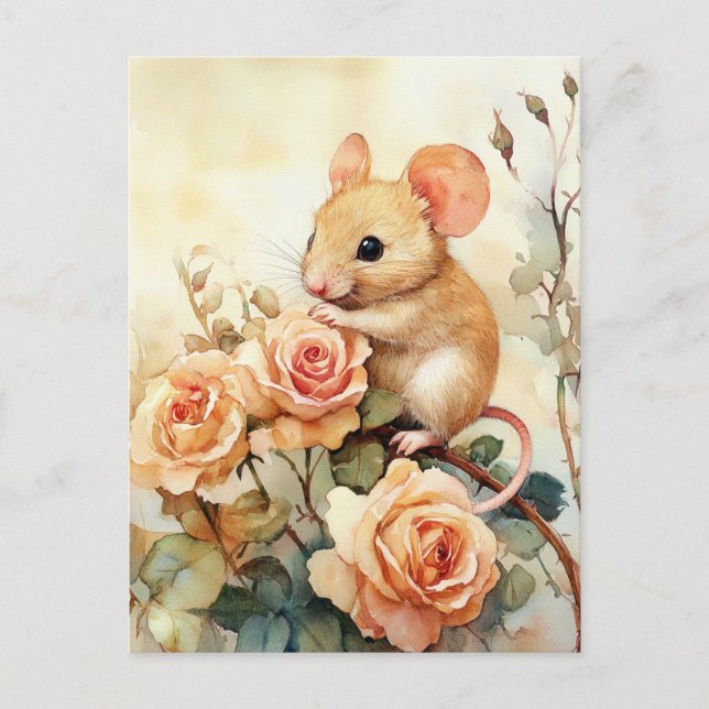 mouse and pink roses postcard (Front)