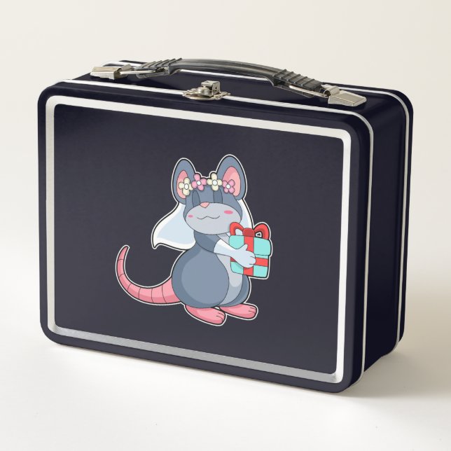 Mouse as Bride with Veil & Gift.PNG Metal Lunch Box (Front)