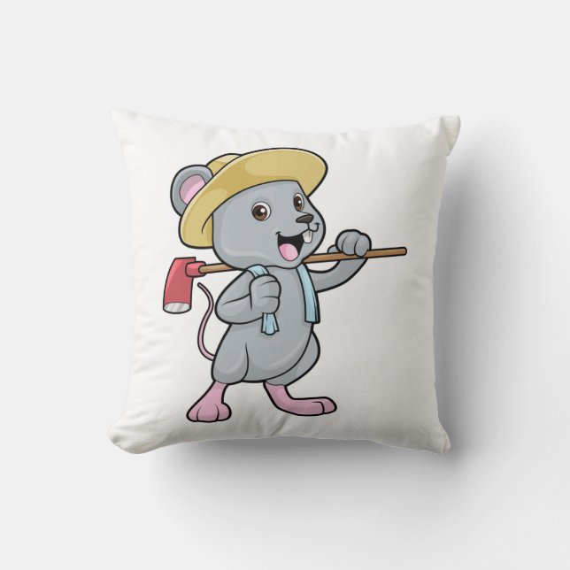 Mouse as Farmer with Axe & Hat Throw Pillow (Front)