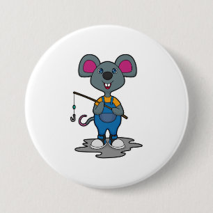 Mouse as Fisher with Fishing rod 3 Inch Round Button