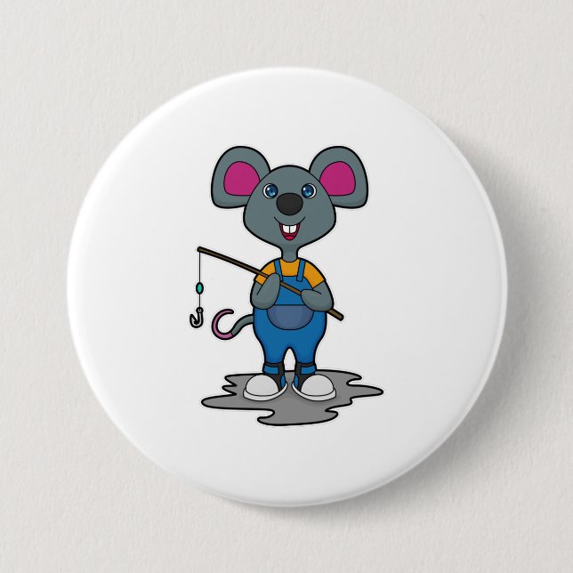 Mouse as Fisher with Fishing rod 3 Inch Round Button (Front)