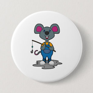 Mouse as Fisher with Fishing rod 3 Inch Round Button