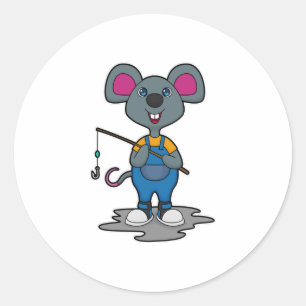 Mouse as Fisher with Fishing rod Classic Round Sticker