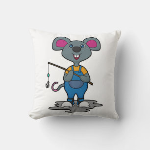 Mouse as Fisher with Fishing rod Throw Pillow