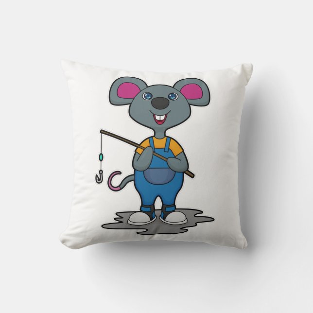 Mouse as Fisher with Fishing rod Throw Pillow (Front)