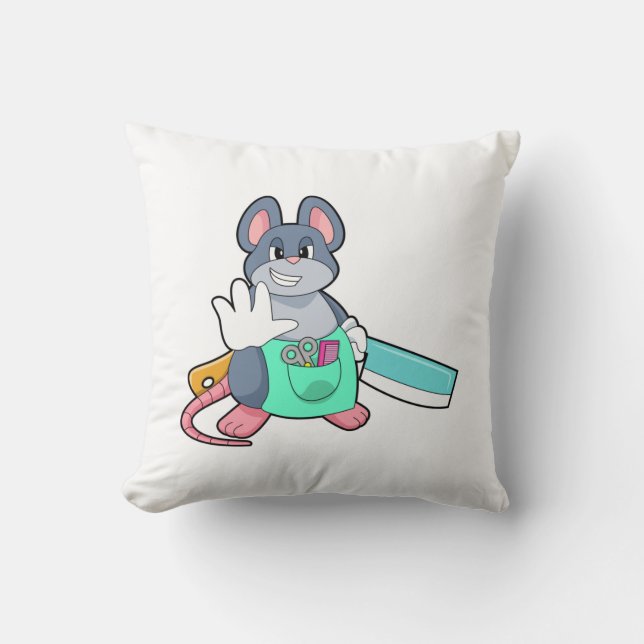 Mouse as Hairdresser with Scissors & Comb Throw Pillow (Front)
