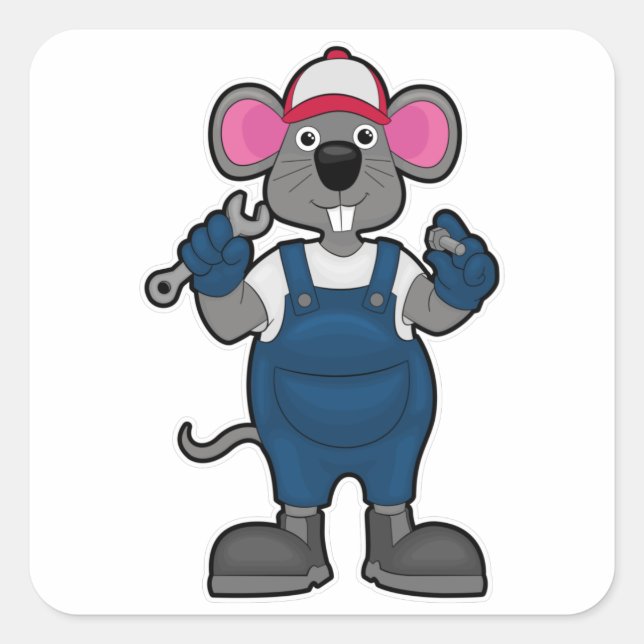 Mouse as Mechanic with Screw & Spanner Square Sticker (Front)