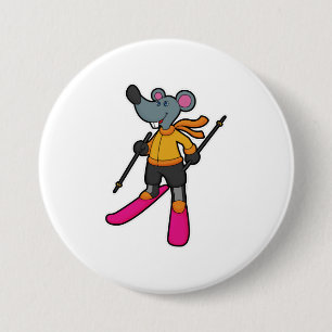 Mouse as Skier with Ski 3 Inch Round Button