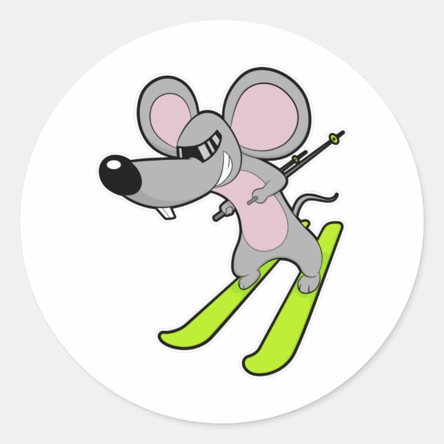 Mouse as Skier with Ski Classic Round Sticker (Front)