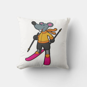 Mouse as Skier with Ski Throw Pillow