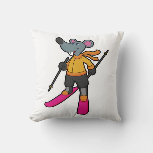 Mouse as Skier with Ski Throw Pillow (Front)