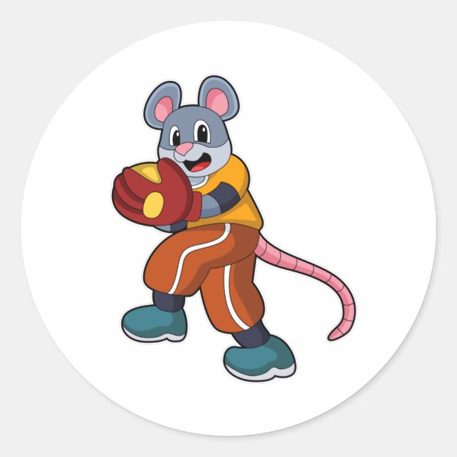Mouse at Baseball with Baseball glove Classic Round Sticker (Front)