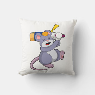 Mouse at Cricket with Cricket bat Throw Pillow