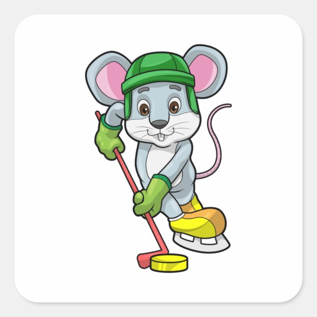 Mouse at Ice hockey with Hockey stick Square Sticker (Front)