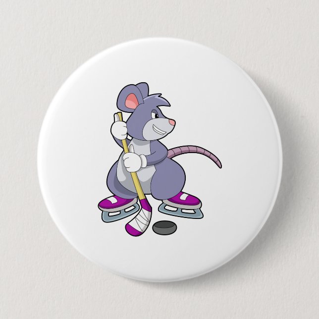 Mouse at Ice hockey with Ice hockey stick 3 Inch Round Button (Front)