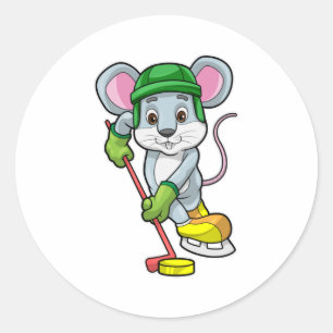 Mouse at Ice hockey with Ice hockey stick Classic Round Sticker