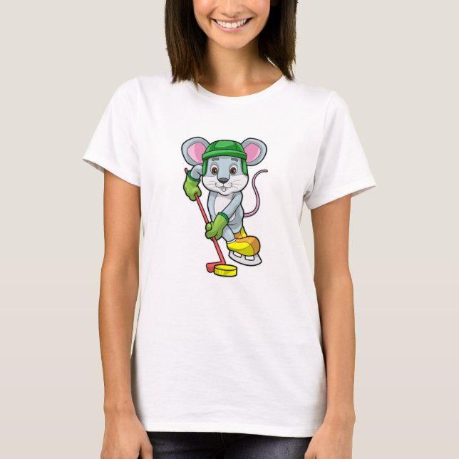 Mouse at Ice hockey with Ice hockey stick T-Shirt (Front)
