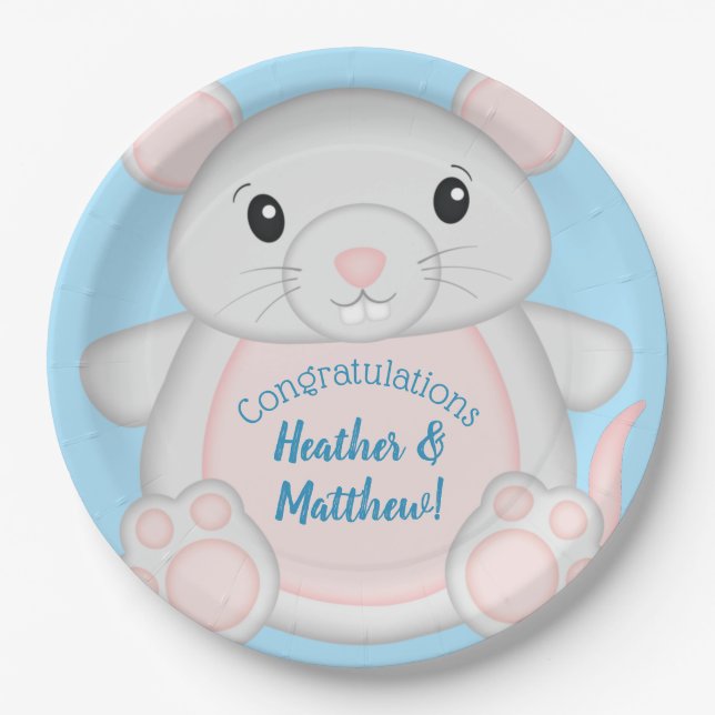 Mouse Baby Shower Blue Paper Plate (Front)